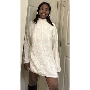 VTG liz claiborne sweater Dress L Cream Chunky Knit Snowflake Mock Neck Tunic
